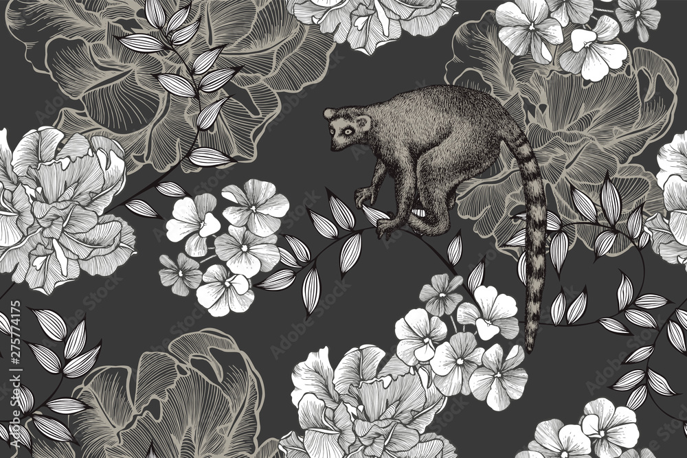 custom made wallpaper toronto digitalLemur and flower seamless pattern with tulips. Hand-drawn, vector illustration