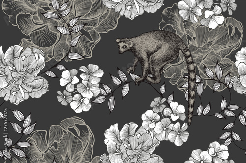 Wallpaper Mural Lemur and flower seamless pattern with tulips. Hand-drawn, vector illustration Torontodigital.ca