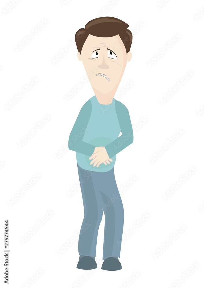 stomach aches,abdominal pain ,a person feels bad,holding his stomach. vector image.