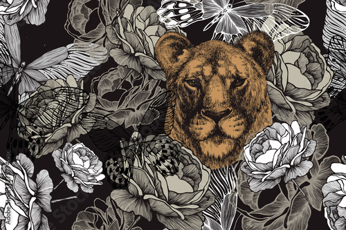 Wallpaper Mural Lioness with roses and butterflies. Seamless floral wallpaper. Hand drawing, vector illustration Torontodigital.ca