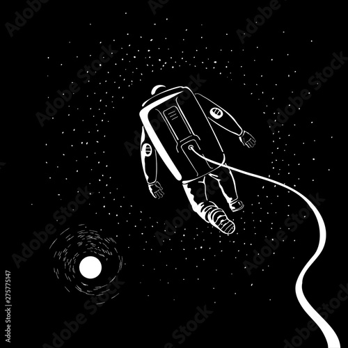 Hand drawn vector astronaut character. Spaceman wearing a space suit and flying in the cosmos