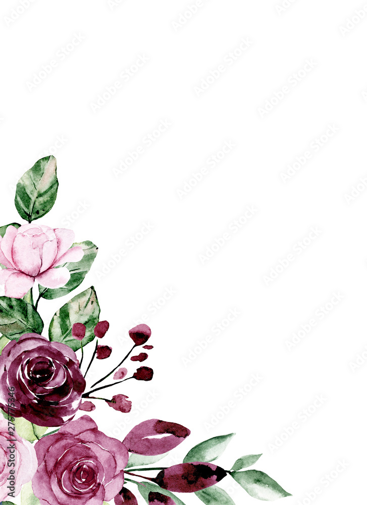 Greeting card template, watercolor flowers, frame with roses, floral ...