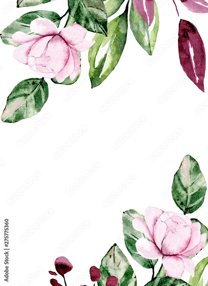 Greeting card template, watercolor flowers, frame with roses, floral ...