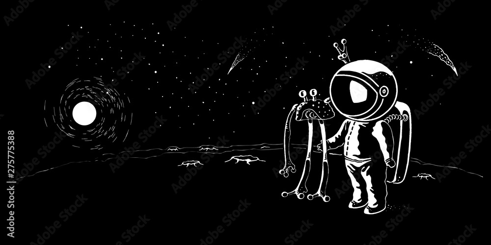 custom made wallpaper toronto digitalAstronaut meeting ufo vector illustration, banner. Man traveling in the galaxy to stars and planets