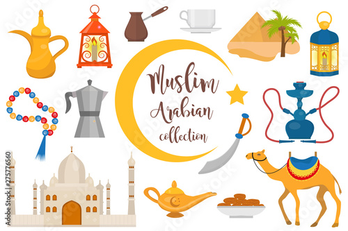 Muslim arabic flat icon set, cartoon style. Collection of arabic design elements with camel, rosary, mosque, hookah, lantern. Vector illustration