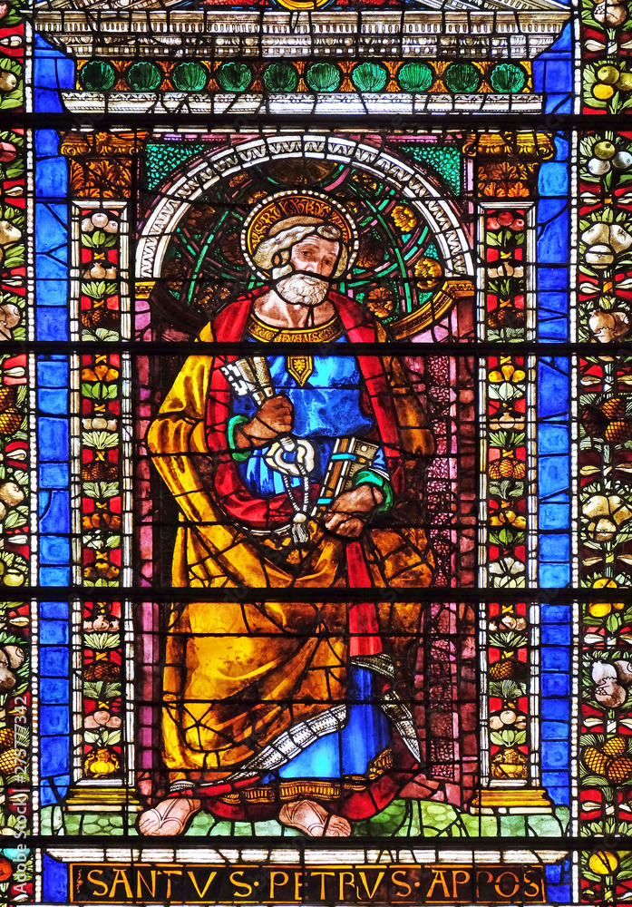 Saint Peter, stained glass window in Santa Maria Novella Principal Dominican church in Florence, Italy