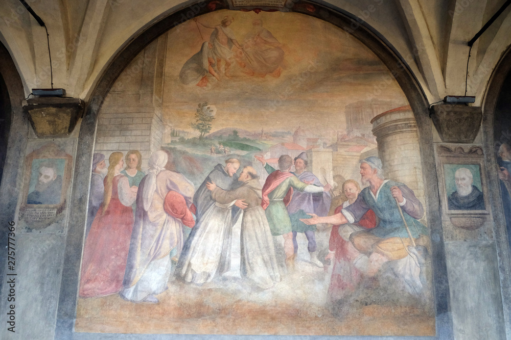 Meeting between Saint Dominic and Saint Francis, fresco by Santi di Tito in the cloister of Santa Maria Novella Principal Dominican church in Florence, Italy