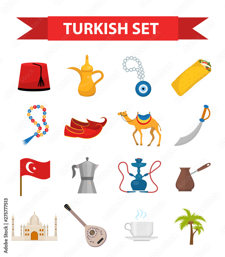 Turkey travel flat icon set, cartoon style. Turkish Collection of ...