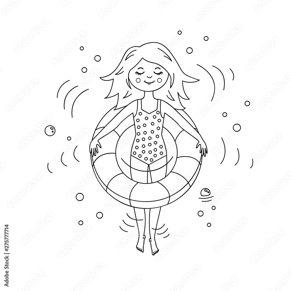 Smiling teenage girl relax on floating inner swimming tube, closed eyes,  body half submerged in water. Black and white doodle cartoon vector  illustration isolated, kids coloring book print Stock Vector | Adobe