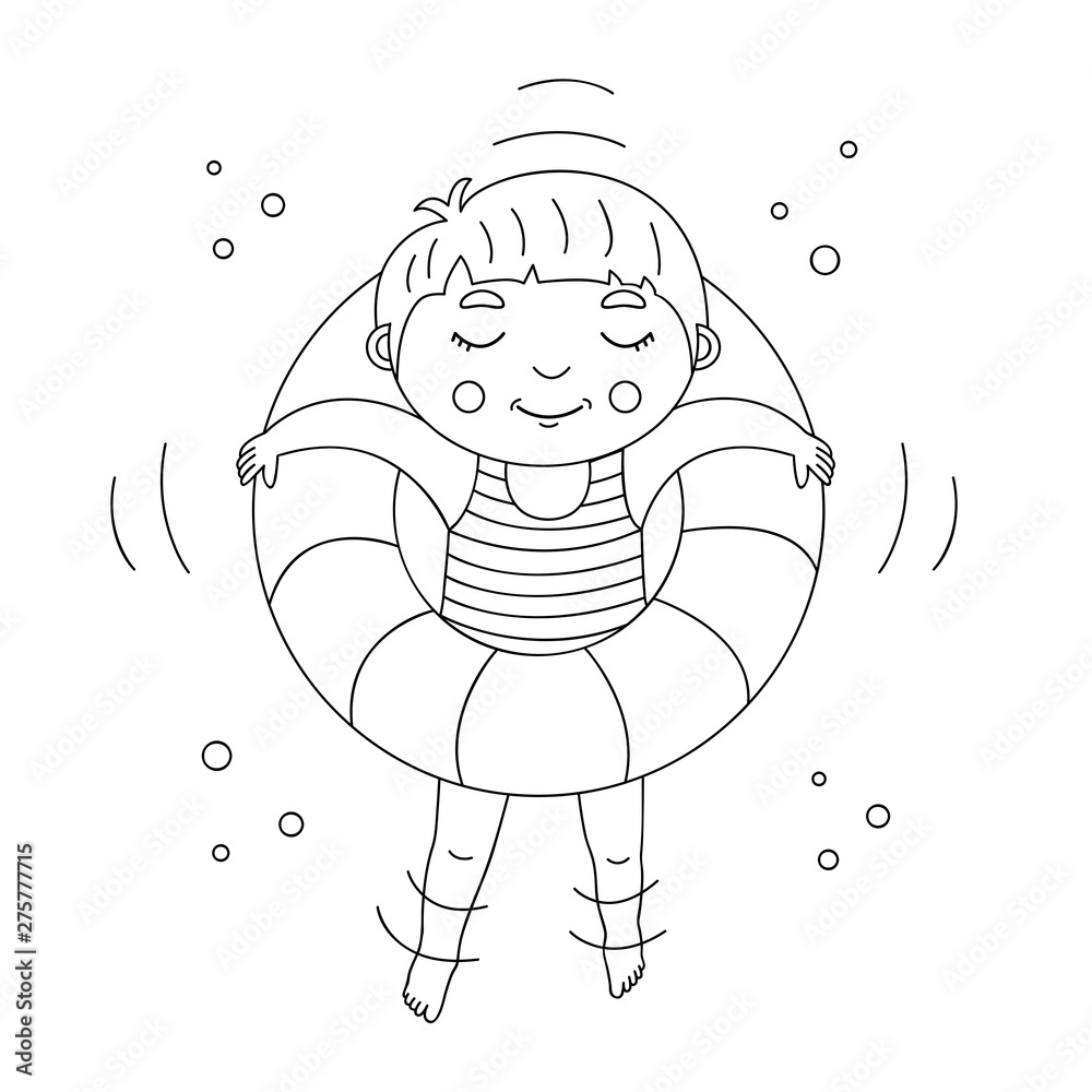 Smiling teenage boy relax on floating inner swimming tube, closed eyes,  body half submerged in water. Black and white doodle cartoon vector  illustration isolated, kids coloring book print Stock Vector | Adobe