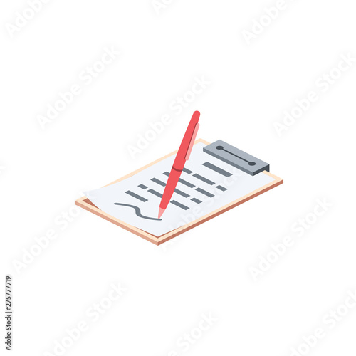 Document and pen. Vector 3d isometric color icon new flat style. Creative illustration, idea for infographics.