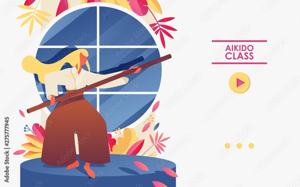 Naklejka premium Concept sport gym illustration template good for landing page or aikido training banner. Woman with stick in front of window, decorated with greenery