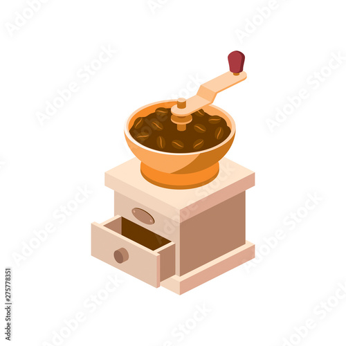 Classic coffee grinder. Vector 3d isometric color icon new flat style. Creative illustration, idea for infographics.