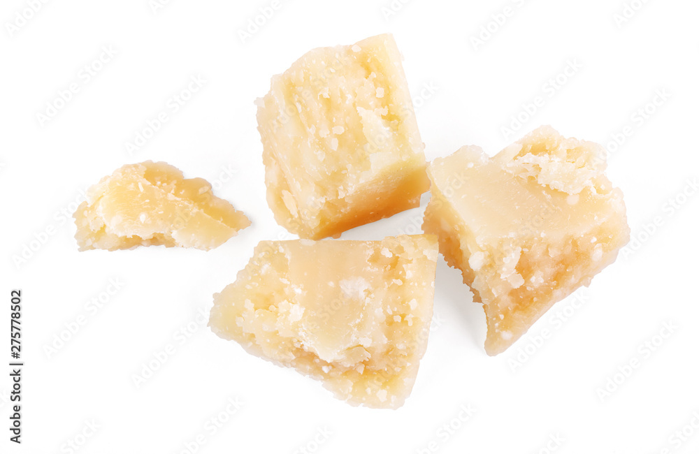 Three slices of permesan reggiano isolated on white background, macro shooting, top view Three slices of permesan reggiano isolated on white background, macro shooting, top view