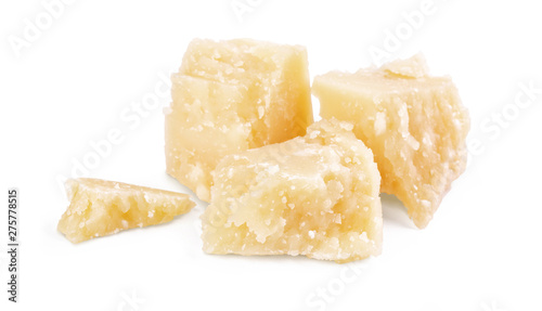 Three slices of permesan reggiano isolated on white background, macro shooting, front view