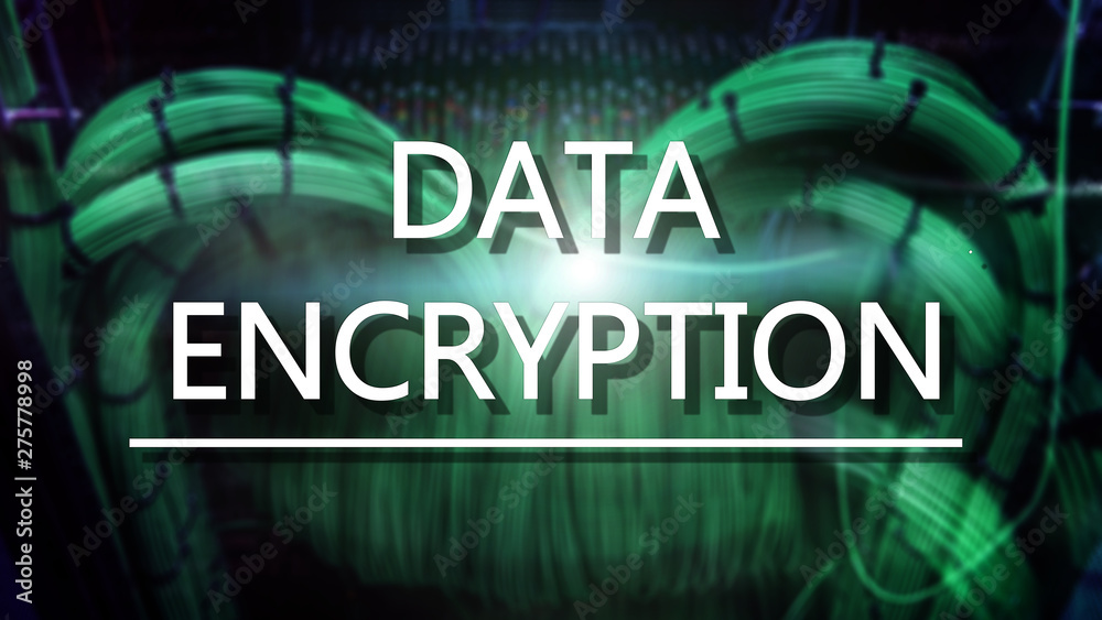 Protection concept: Data Encryption on digital supercomputer background.
