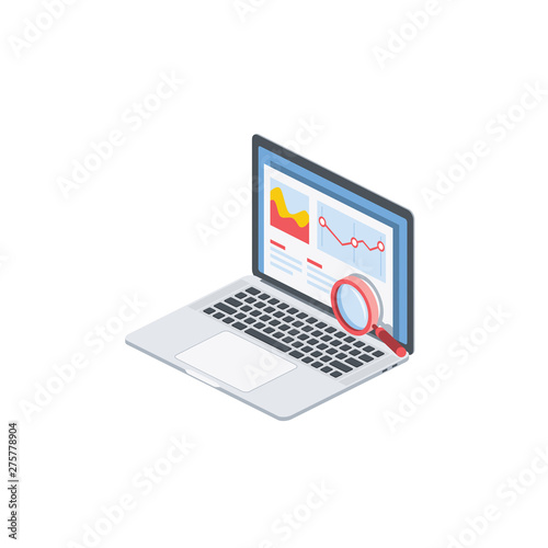 Charts analytics screen computer interface isometric illustrate 3d vector icon. Design idea.