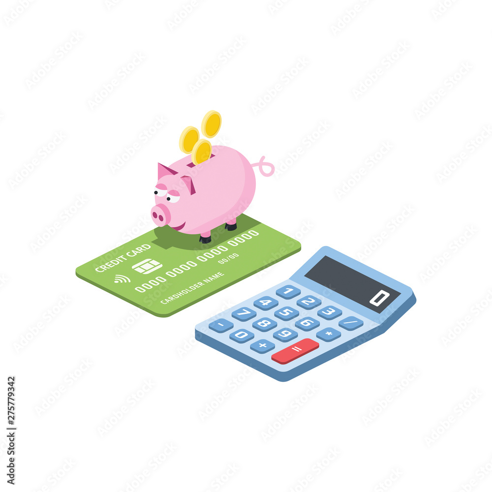 Card piggy bank, calculator and cash calculations. Banking services. Vector 3d isometric color icon new flat style. Creative illustration, idea for infographics. Card piggy bank, calculator and cash calculations. Banking services. Vector 3d isometric color icon new flat style. Creative illustration, idea for infographics.