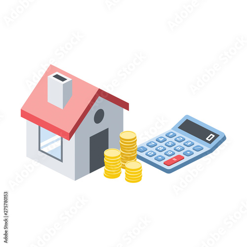Mortgage home money calculator isometric illustrate 3d vector icon. Creative design idea.