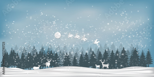 Paper art , cut and digital craft style of Santa Claus on Sleigh and Reindeer with deers in the merry christmas night and  happy new year as holiday and x'mas day concept. vector illustration.