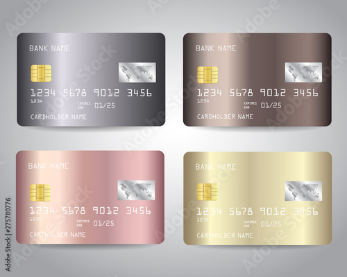 Credit cards vector set with gold, bronze, rose gold, silver metallic design