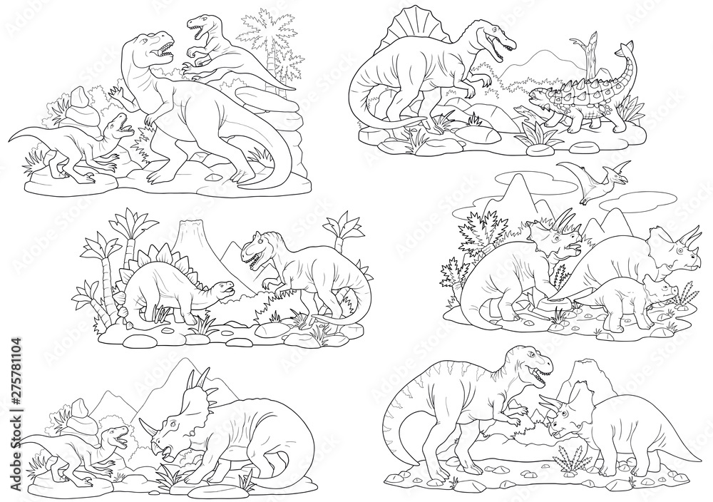 cartoon prehistoric dinosaurs, coloring book, set of images