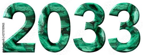 Inscription 2033 from natural green malachite, isolated on white, 3d render