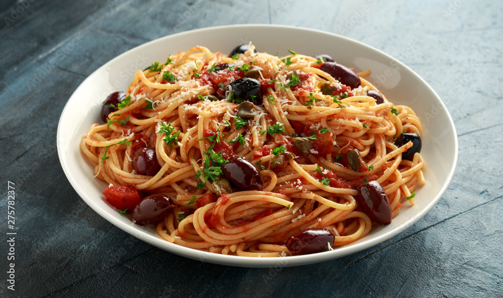 Pasta Alla Puttanesca with garlic, olives, capers, tomato and anchois fish