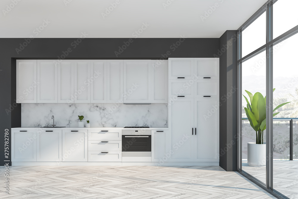 Gray and white kitchen with balcony Gray and white kitchen with balcony