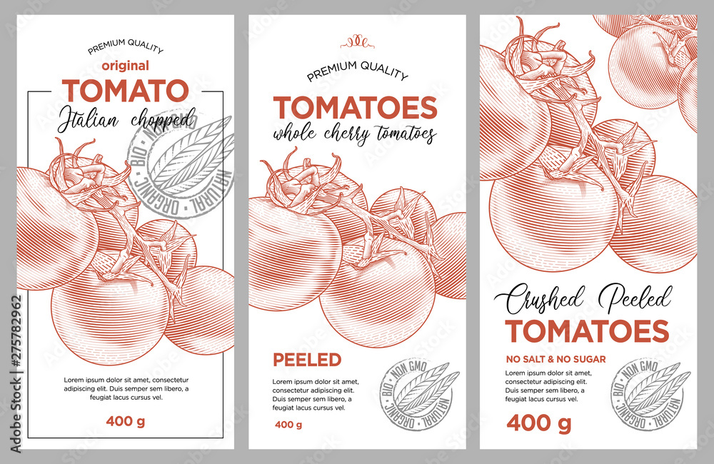 Tomato ketchup, sauce, juice badge label design set. Vector hand drawn
