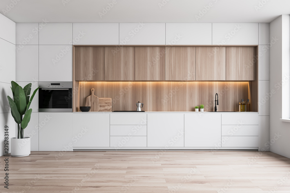 Minimalistic white kitchen with oven - obrazy, fototapety, plakaty 