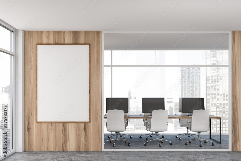 Fototapeta premium Light wooden open space office with poster