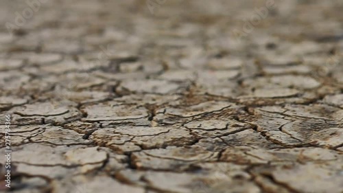 Motion of Dry Lake or River making Cracked Clay on Ground. Earth Day Concept. Dolly Slider Shot