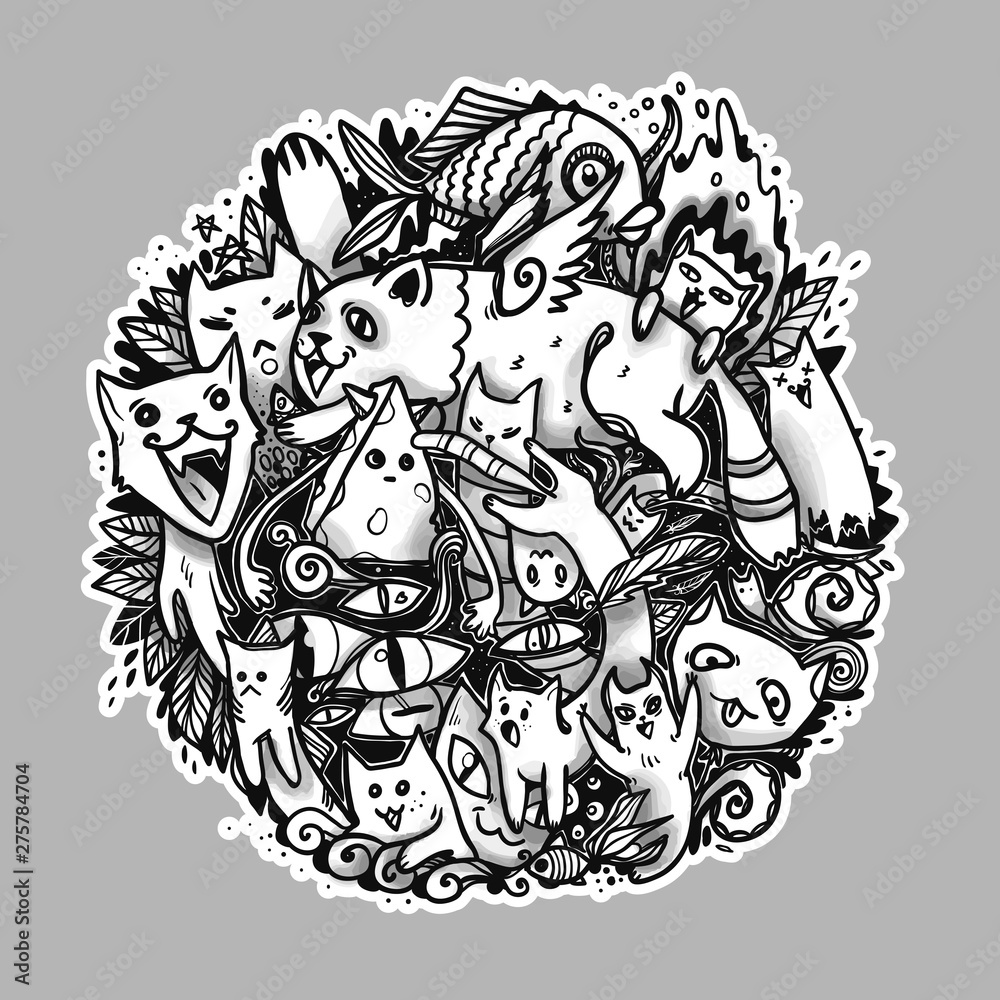 Graphic round composition with cats with different expressions and emotions. The illustrated element can be used for printing.
