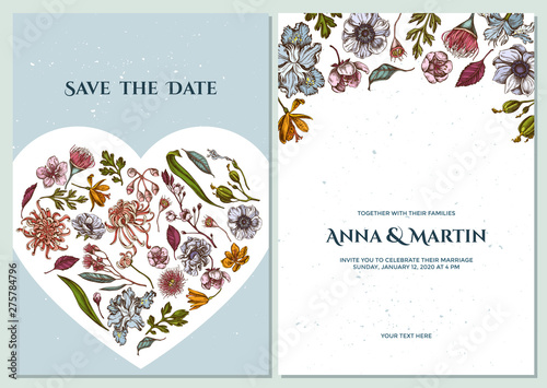 Wedding invitation card with colored japanese chrysanthemum, blackberry lily, eucalyptus flower, anemone, iris japonica, sakura