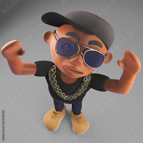 Cheering black hip hop rapper in baseball cap, 3d illustration photo