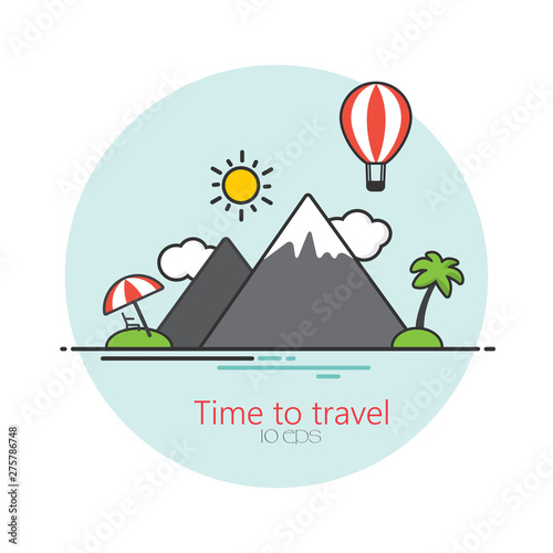 Time to travel. Summer vacation at sea. Sea, mountains, palm trees, chaise longue and balloon. Flat graphics