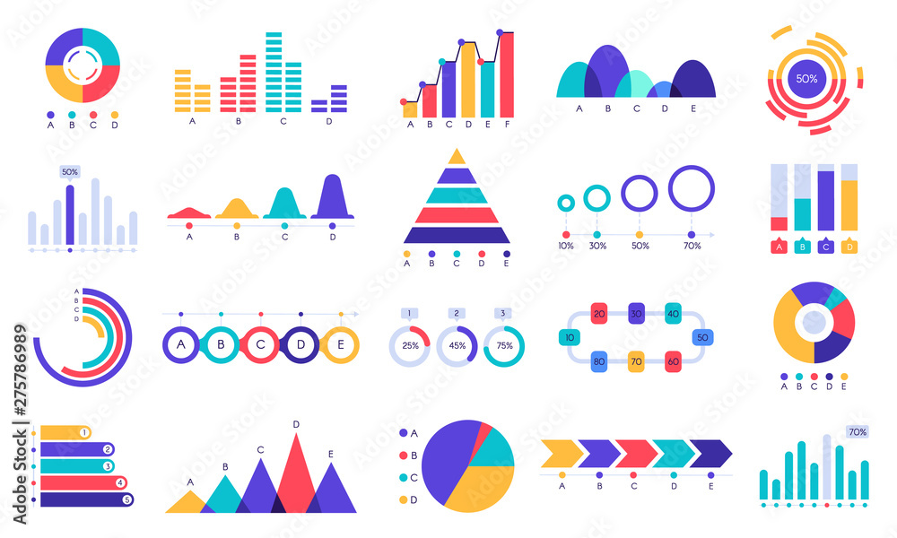 Graphic charts icons. Finance statistic chart, money revenue and profit growth graph. Business presentation graphs, website finance infographic diagram charts. Flat isolated icons vector set