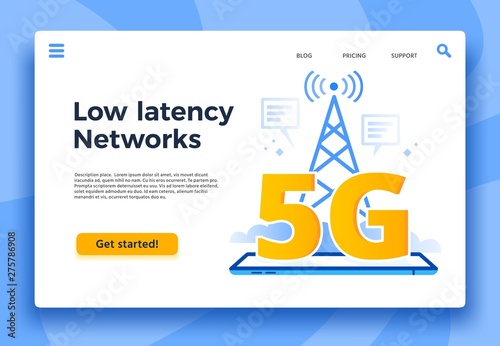 Mobile 5G landing page. Fast internet connection, low latency networks and communication network coverage. High speed lte iot internet, global wireless networking vector illustration