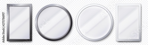 Realistic mirrors. Metal round and rectangular mirror frame, white mirrors template. Makeup or interior furniture reflecting glass surfaces 3D isolated icons vector set photo