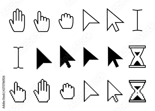 Pointer cursor icons. Web arrows cursors, mouse clicking and grab hand pixel icon. Computer pointers, internet cursor click. Vector isolated symbols collection photo