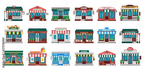 Shops facades. Laundry building, hardware store facade and pharmacy shop. Business cafe, local shopping stores street supermarket or downtown restaurant. Flat vector isolated icons set