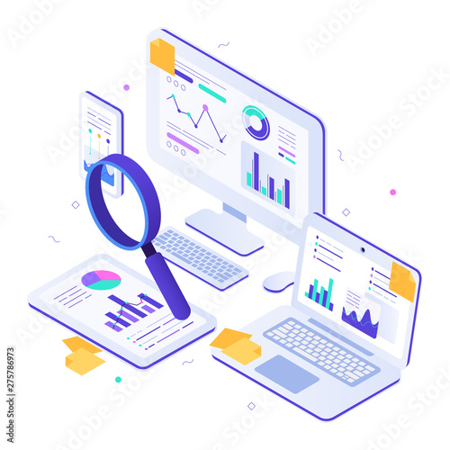 Online financial audit. Isometric website metrics, statistical graphs dashboards and web seo research. Business billing payment taxes, online accounting payments or invoice pay tax vector illustration