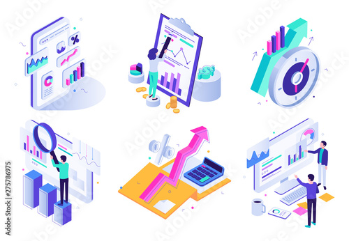 Market analytic report. Financial audit, marketing strategy review and finance business statistic. Social traffic management specialist, strategy audit isometric 3D vector icons illustration set