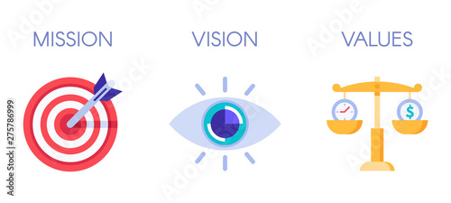 Mission, vision and values. Business strategy icons, company value and success rules. Responsibility mission symbols, working organization goal or teamwork plan. Isolated flat vector illustration photo