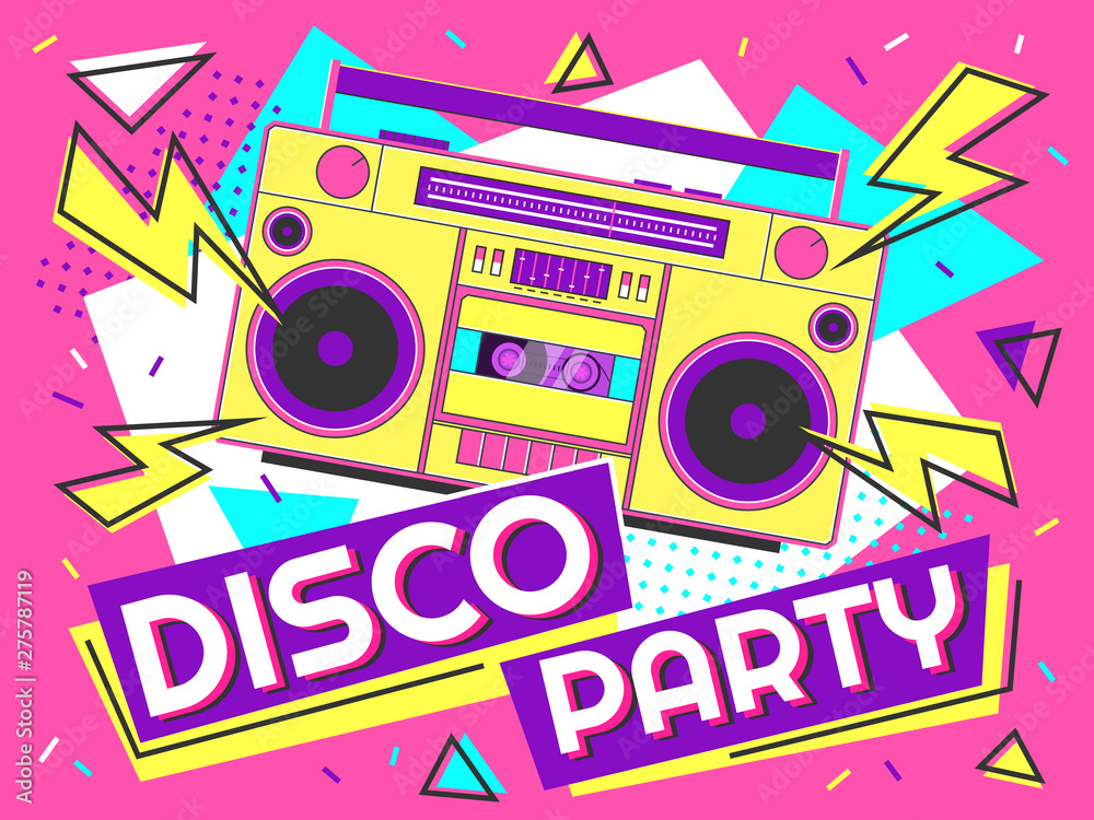 each other Revolutionary hit Disco party banner. Retro music poster, 90s radio and tape cassette player  funky colorful design. Memphis music parties, 80s advertising audio poster  vector background illustration Stock Vector | Adobe Stock