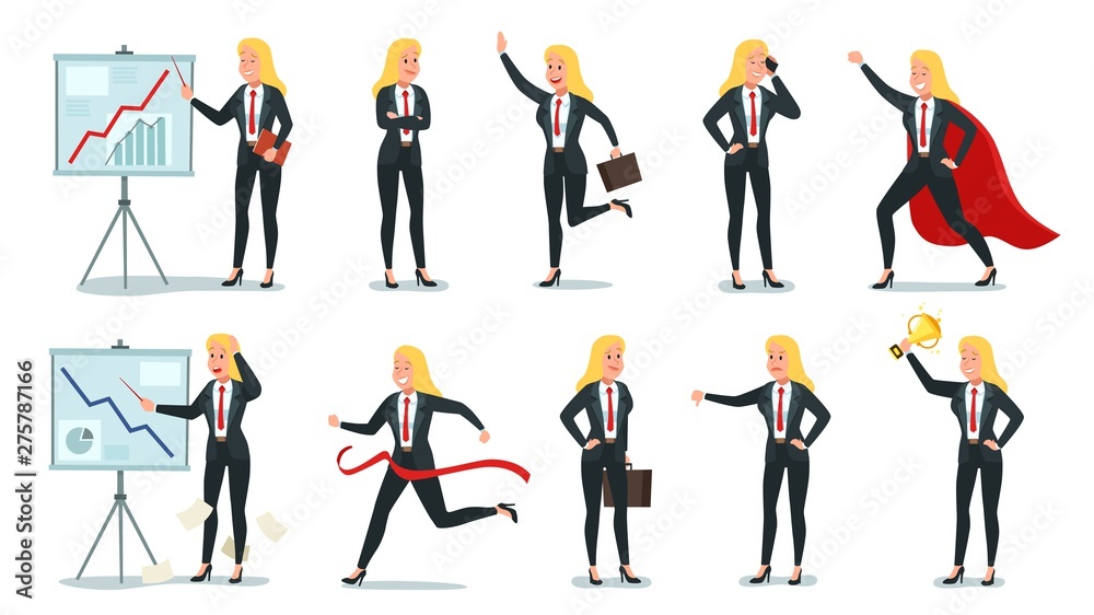 Business woman character. Office professional worker, young female secretary and corporate businesswoman. Company working corporate professionals girls. Cartoon isolated vector icons illustration set Business woman character. Office professional worker, young female secretary and corporate businesswoman. Company working corporate professionals girls. Cartoon isolated vector icons illustration set
