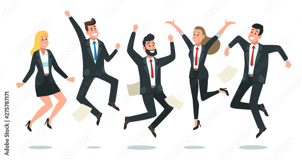Jumping business team. Office workers jump, happy corporate colleagues jumped together and teamwork fun. Business win celebration, work winning party. isolated vector cartoon illustration