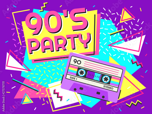 Retro party poster. Nineties music  vintage tape cassette banner and 90s style. Radio invitation card  dance time parties advertisement poster vector background illustration