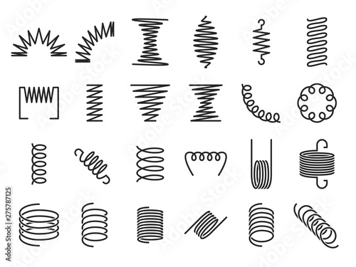 Spring coils. Metal spiral springs, metallic coil and linear spirals silhouette. Vape or machine steel coil, twisted spiral flexibility spring part. Isolated vector icon set photo